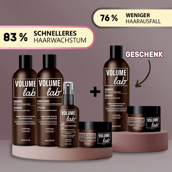 Volume Lab Produkte fördern neues Haarwachstum, machen das Haar dicker und verhindern Haarbruch + zweite Behandlung gratis